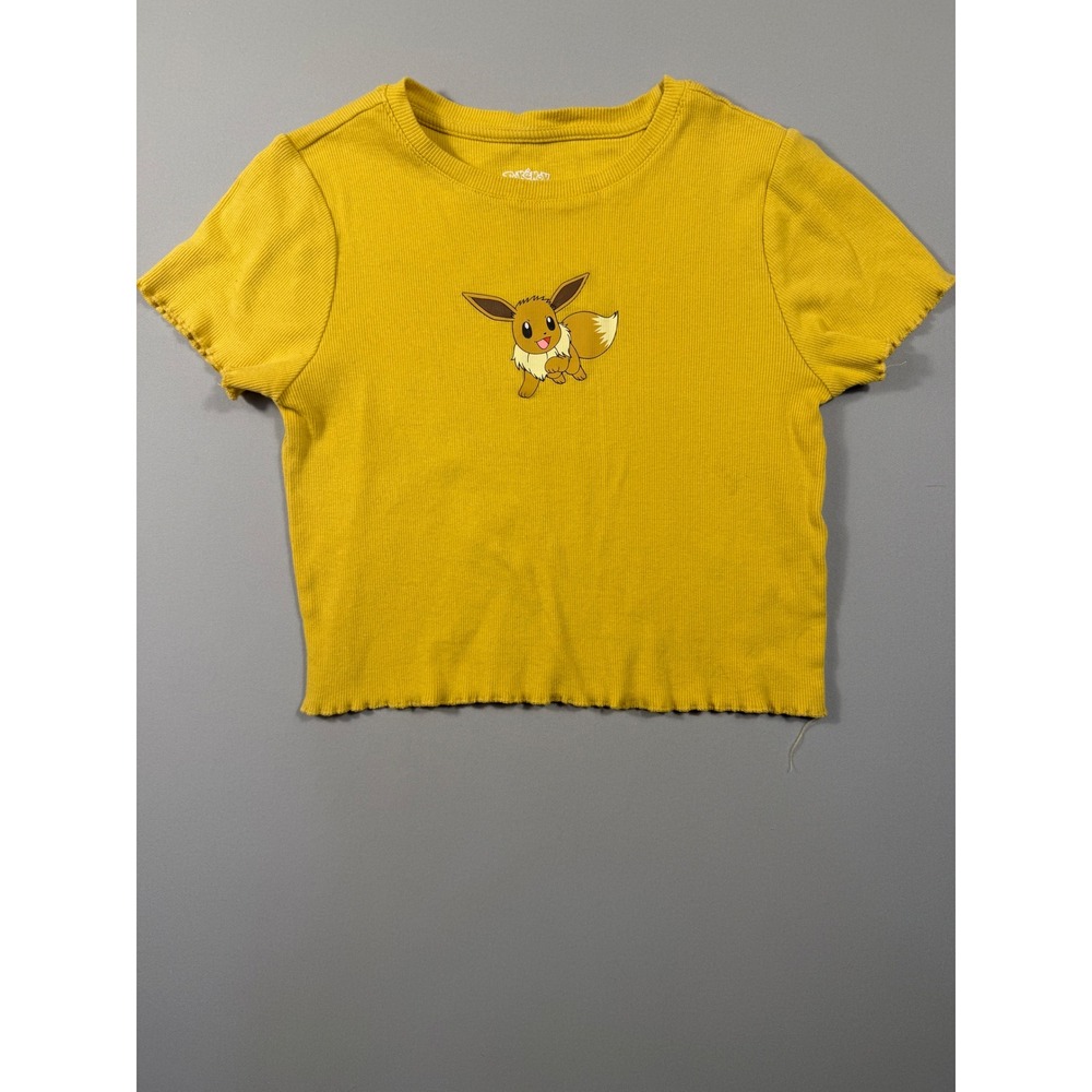 Pokemon Eevee Graphic Crop Top Mustard Yellow Ribbed Lettuce Edge Girls XL 14/16
